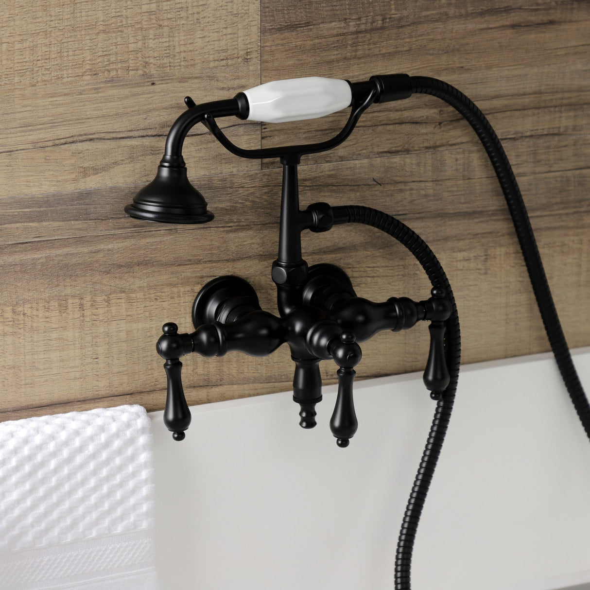 Aqua Vintage AE19T0 Three-Handle 2-Hole Tub Wall Mount Clawfoot Tub Faucet with Hand Shower, Matte Black