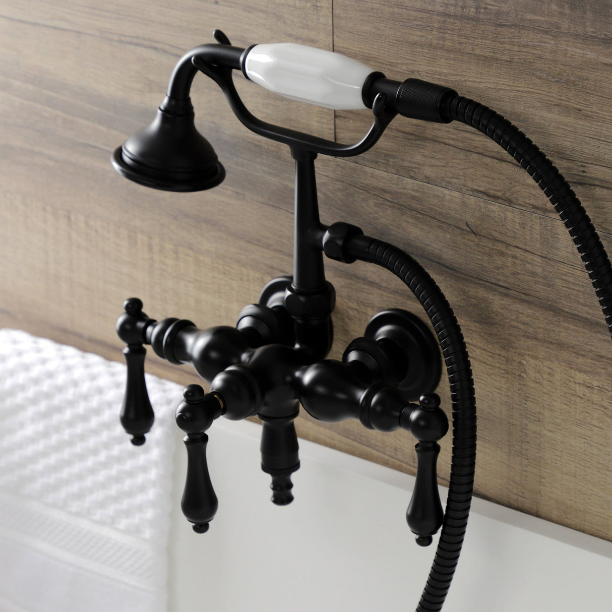 Aqua Vintage AE19T0 Three-Handle 2-Hole Tub Wall Mount Clawfoot Tub Faucet with Hand Shower, Matte Black