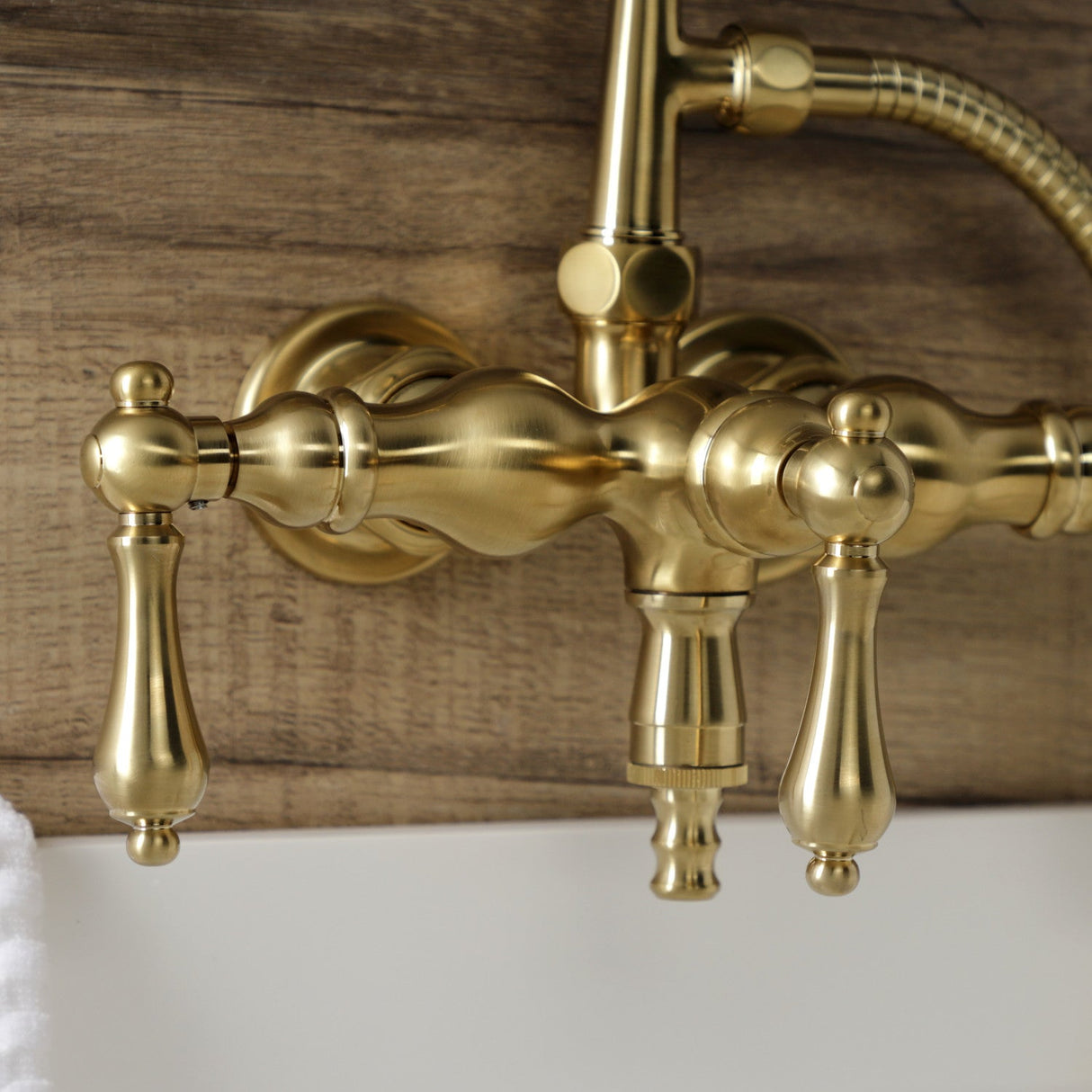 Aqua Vintage AE19T7 Three-Handle 2-Hole Tub Wall Mount Clawfoot Tub Faucet with Hand Shower, Brushed Brass
