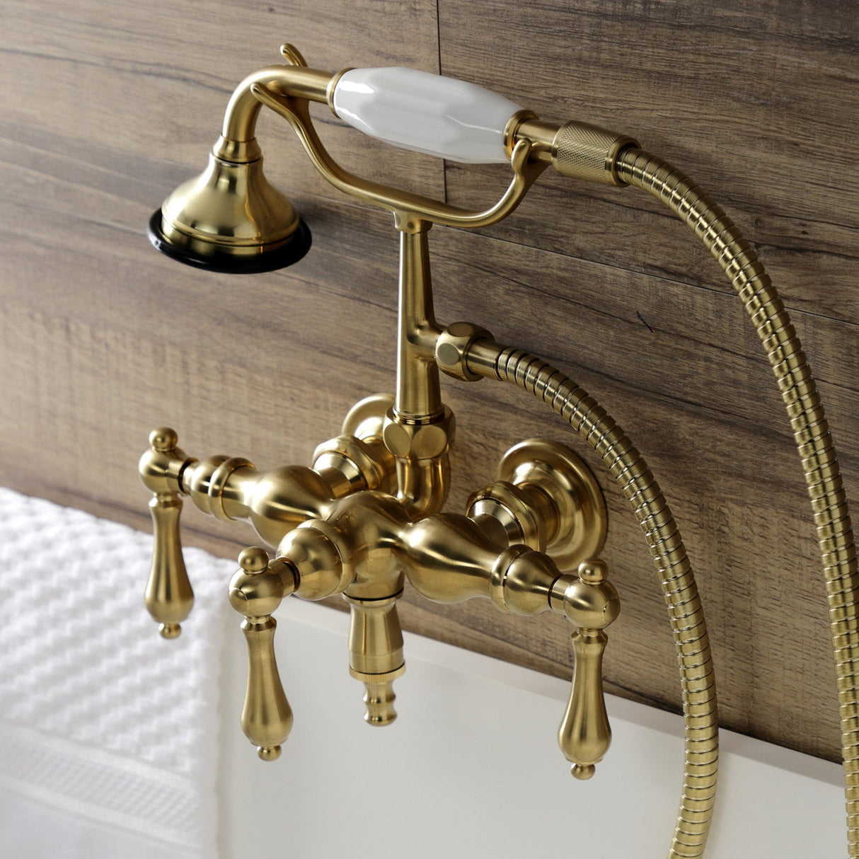 Aqua Vintage AE19T7 Three-Handle 2-Hole Tub Wall Mount Clawfoot Tub Faucet with Hand Shower, Brushed Brass