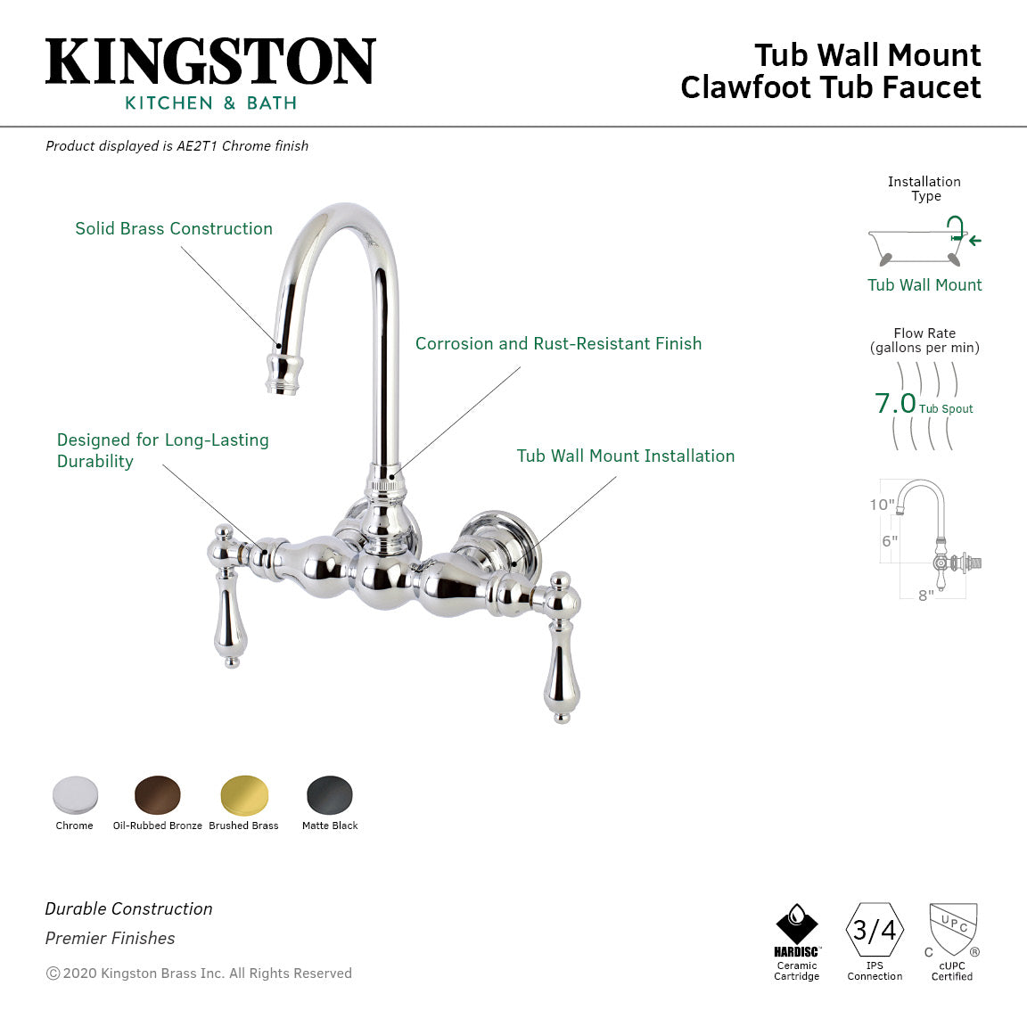 Aqua Vintage AE1T5 Two-Handle 2-Hole Tub Wall Mount Clawfoot Tub Faucet, Oil Rubbed Bronze