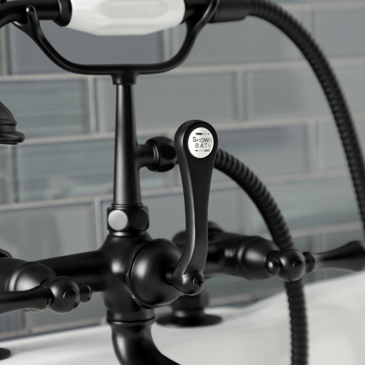 Aqua Vintage AE203T0 Three-Handle 2-Hole Deck Mount Clawfoot Tub Faucet with Hand Shower, Matte Black