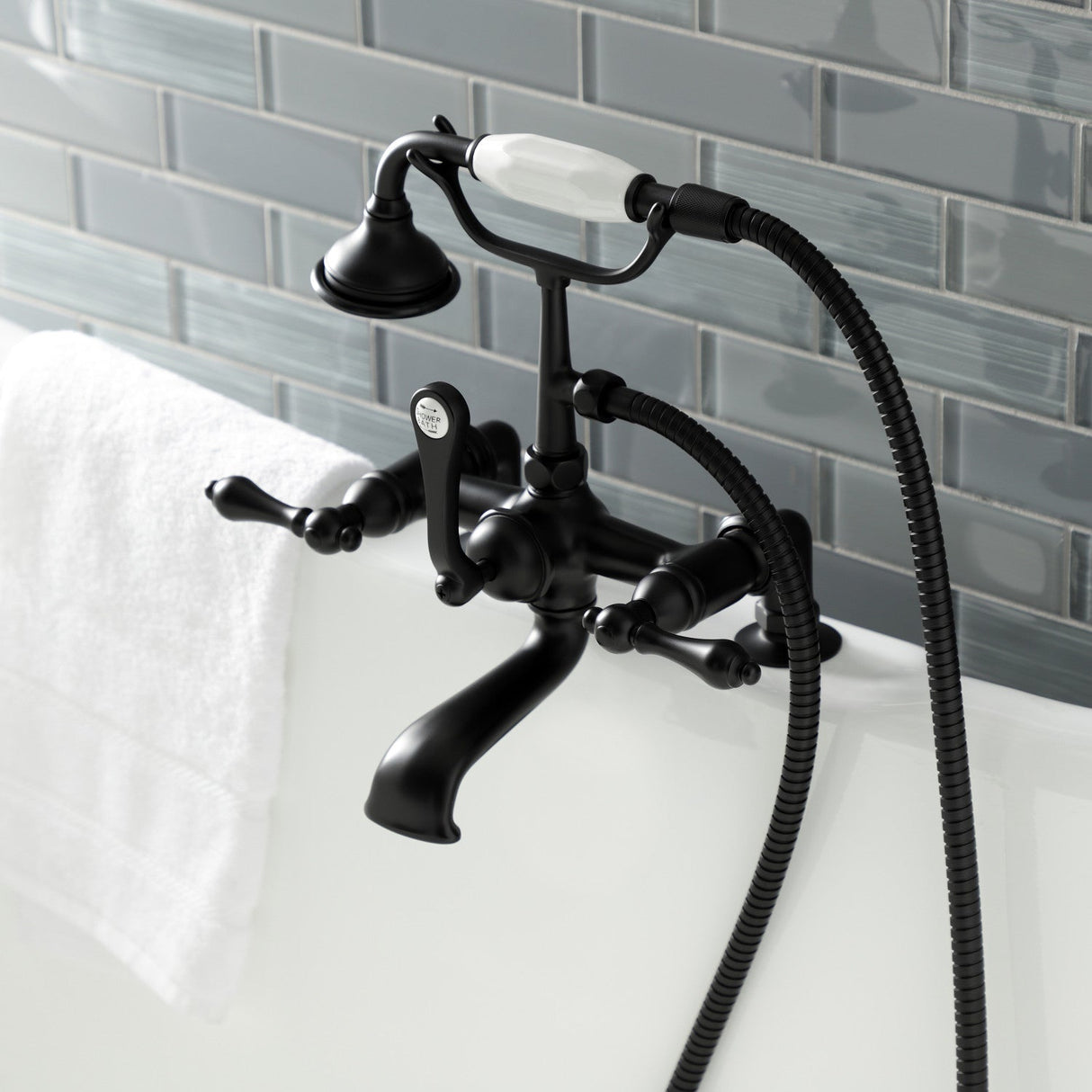 Aqua Vintage AE203T0 Three-Handle 2-Hole Deck Mount Clawfoot Tub Faucet with Hand Shower, Matte Black