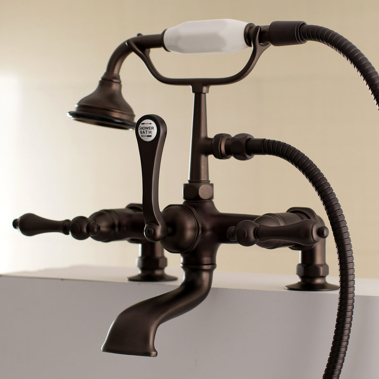 Aqua Vintage AE203T5 Three-Handle 2-Hole Deck Mount Clawfoot Tub Faucet with Hand Shower, Oil Rubbed Bronze