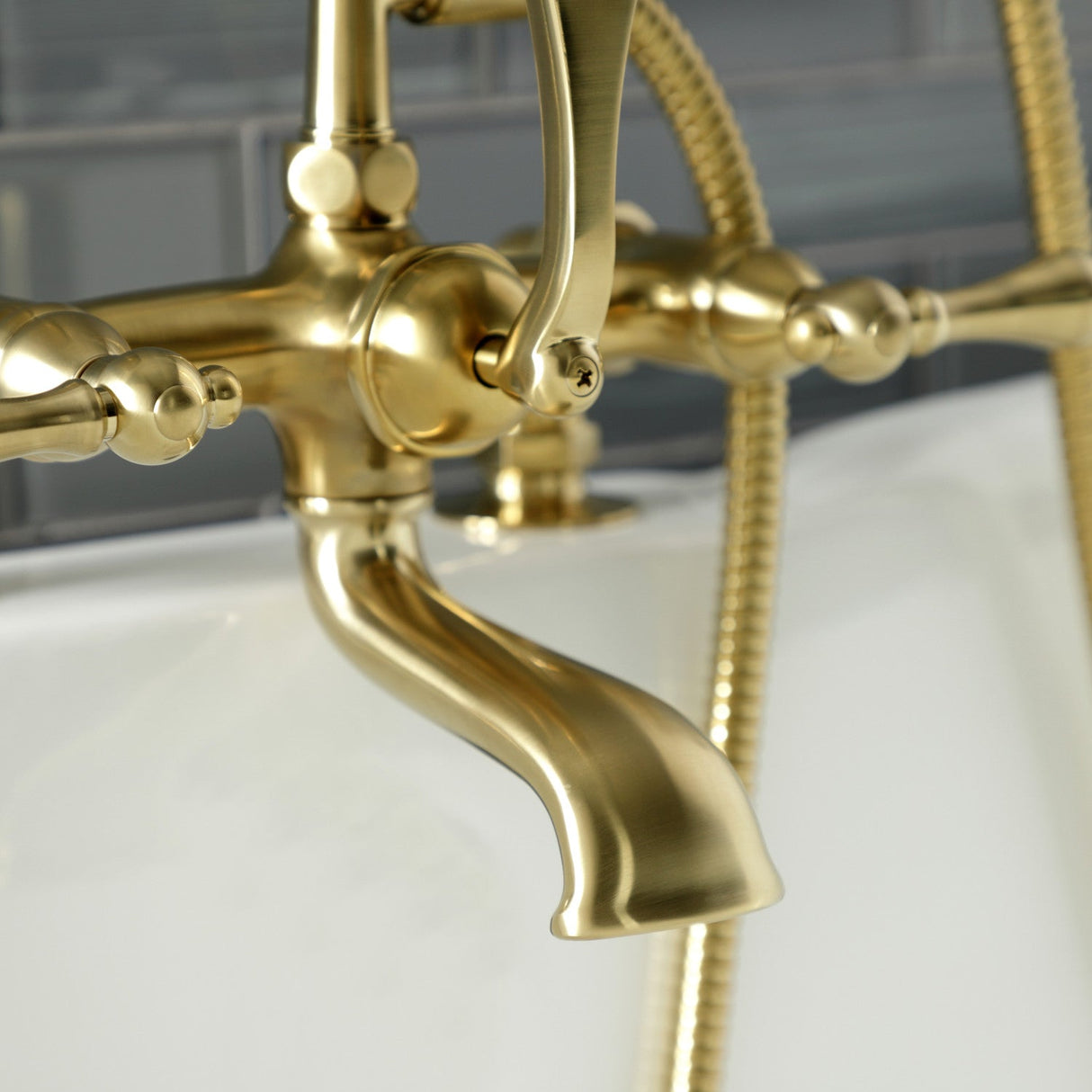 Aqua Vintage AE203T7 Three-Handle 2-Hole Deck Mount Clawfoot Tub Faucet with Hand Shower, Brushed Brass