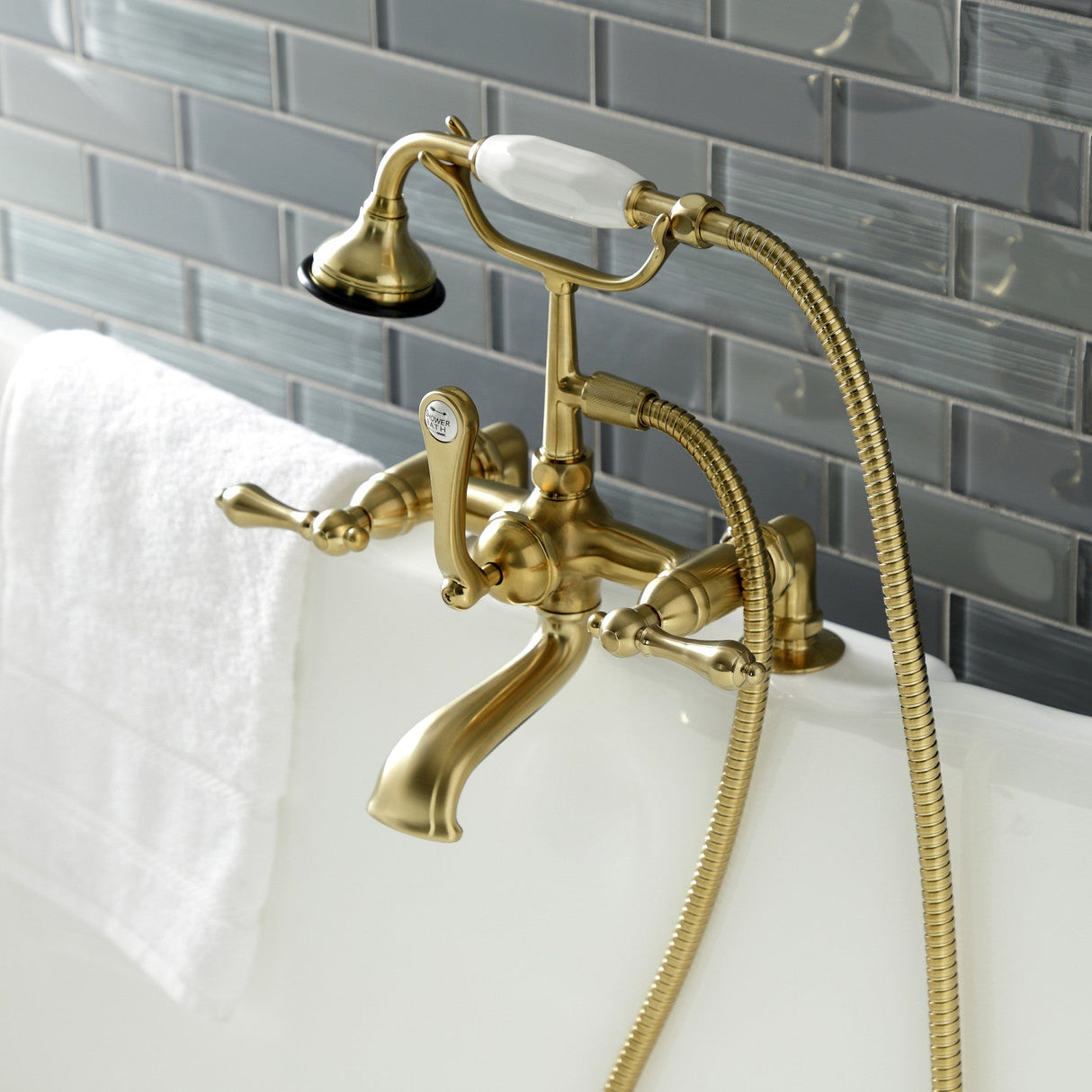 Aqua Vintage AE203T7 Three-Handle 2-Hole Deck Mount Clawfoot Tub Faucet with Hand Shower, Brushed Brass