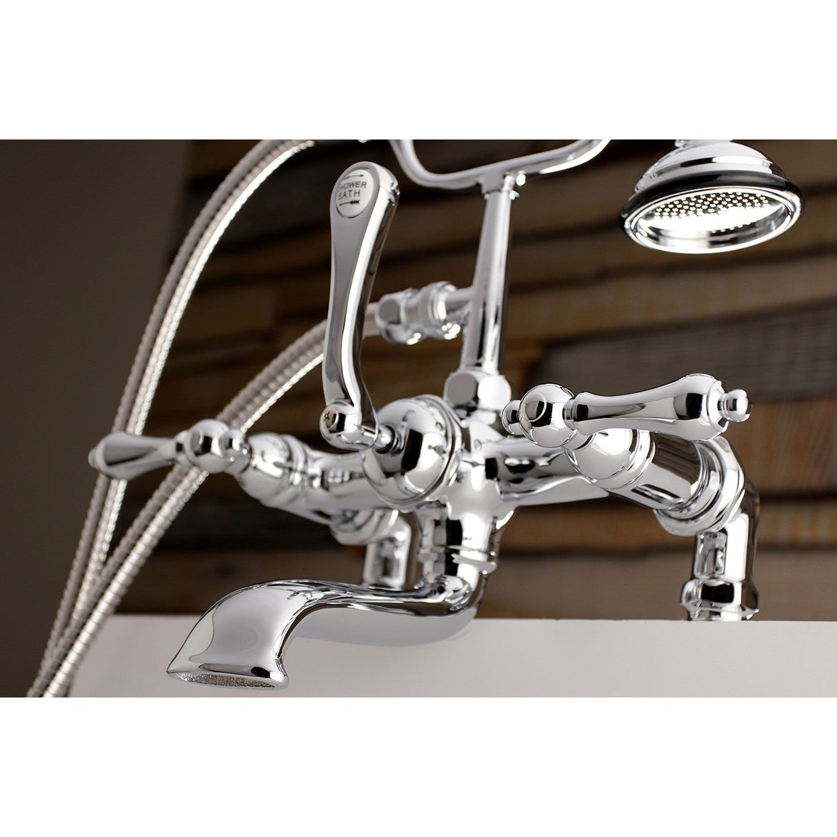 Aqua Vintage AE204T1 Three-Handle 2-Hole Deck Mount Clawfoot Tub Faucet with Hand Shower, Polished Chrome