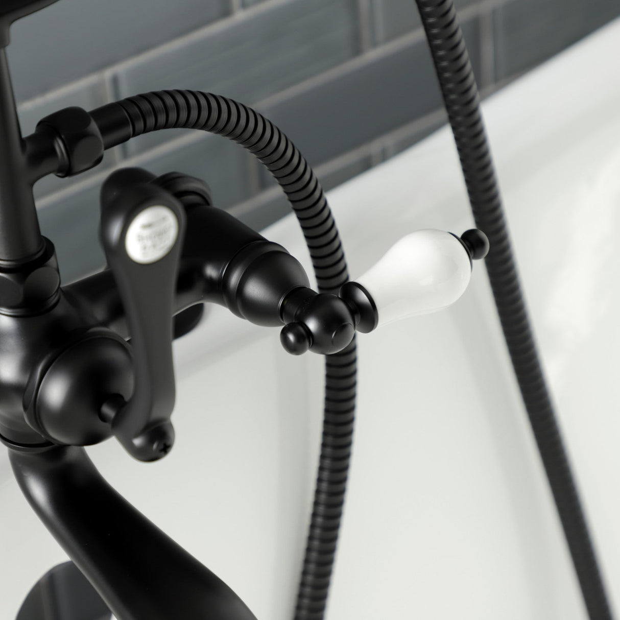 Aqua Vintage AE205T0 Three-Handle 2-Hole Deck Mount Clawfoot Tub Faucet with Hand Shower, Matte Black