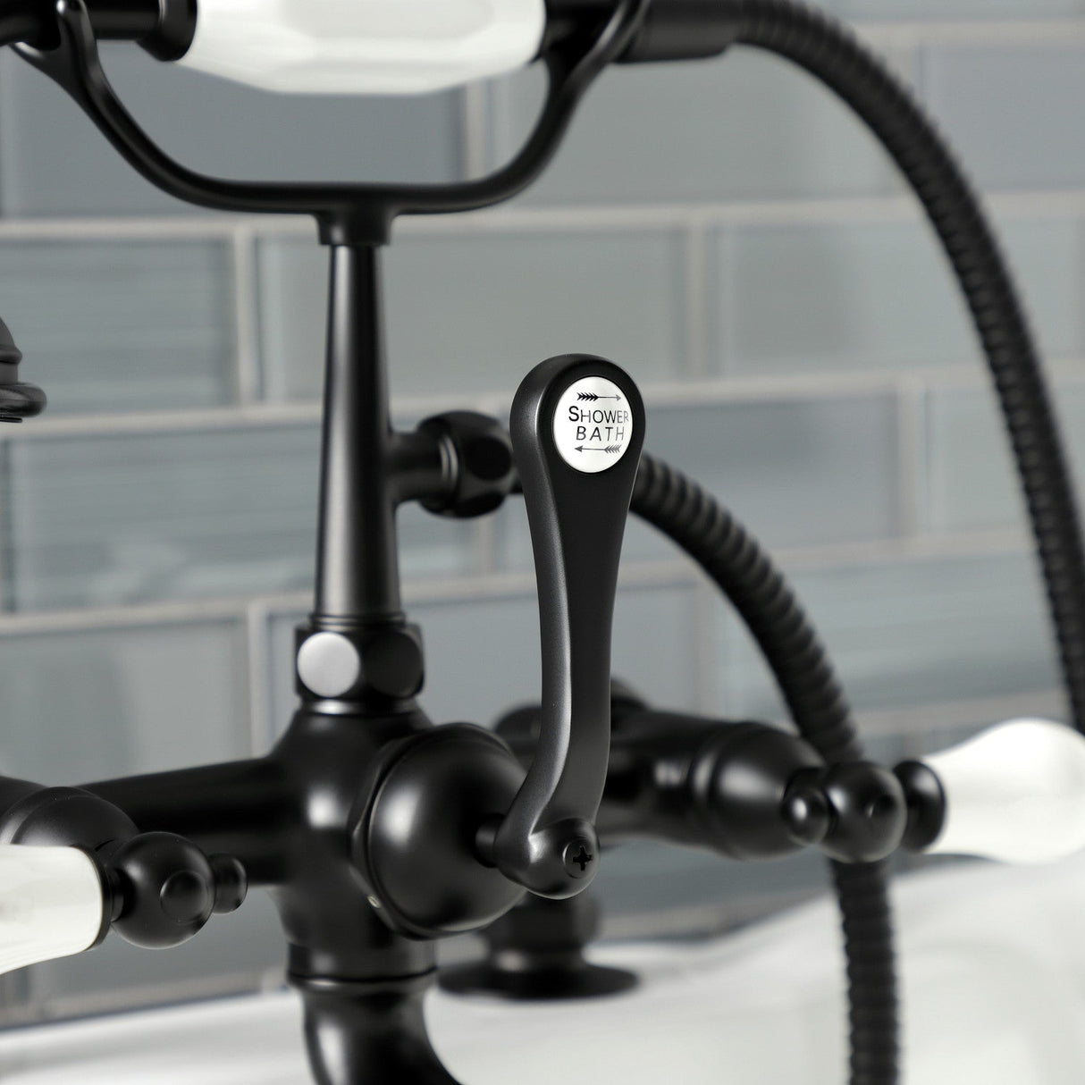 Aqua Vintage AE205T0 Three-Handle 2-Hole Deck Mount Clawfoot Tub Faucet with Hand Shower, Matte Black