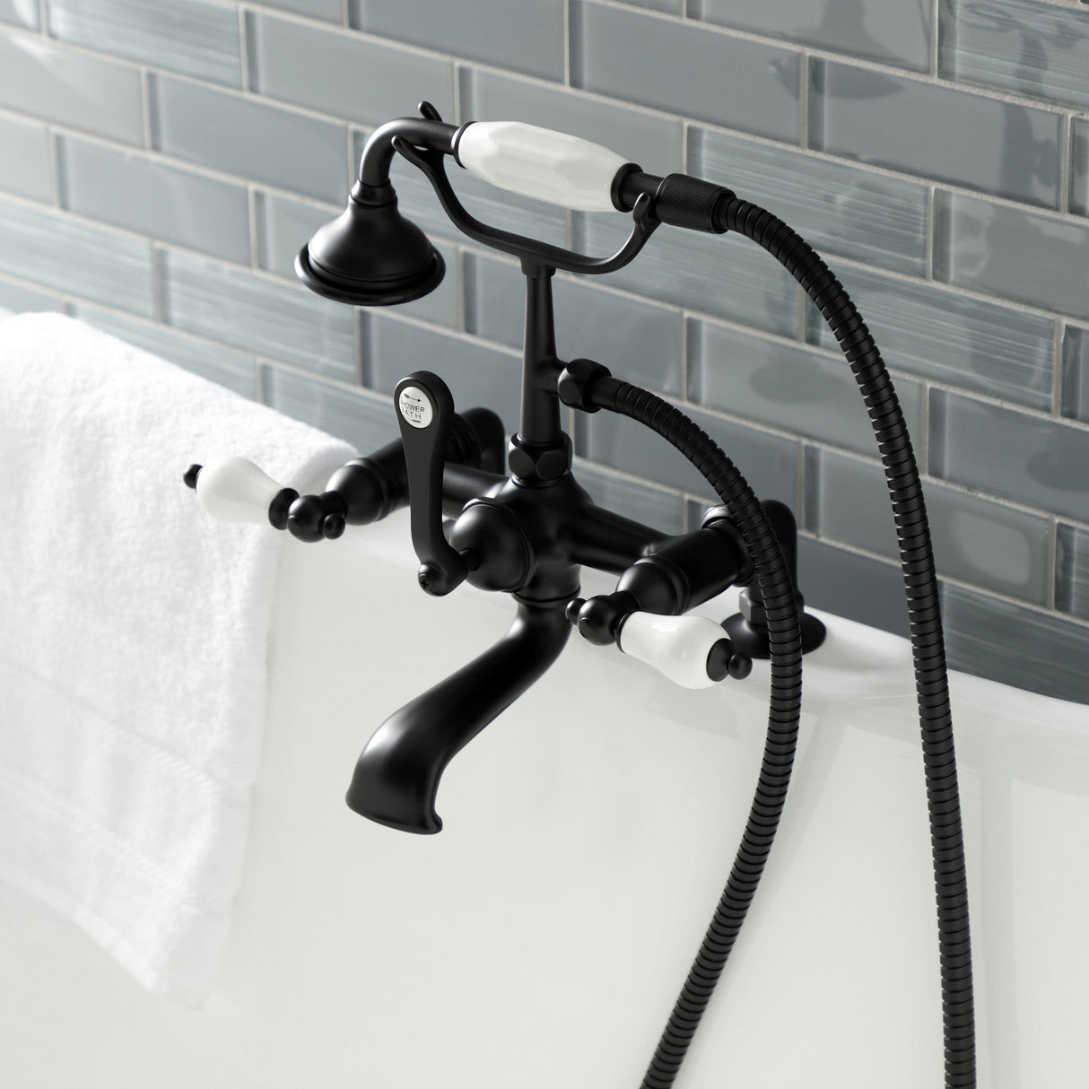Aqua Vintage AE205T0 Three-Handle 2-Hole Deck Mount Clawfoot Tub Faucet with Hand Shower, Matte Black