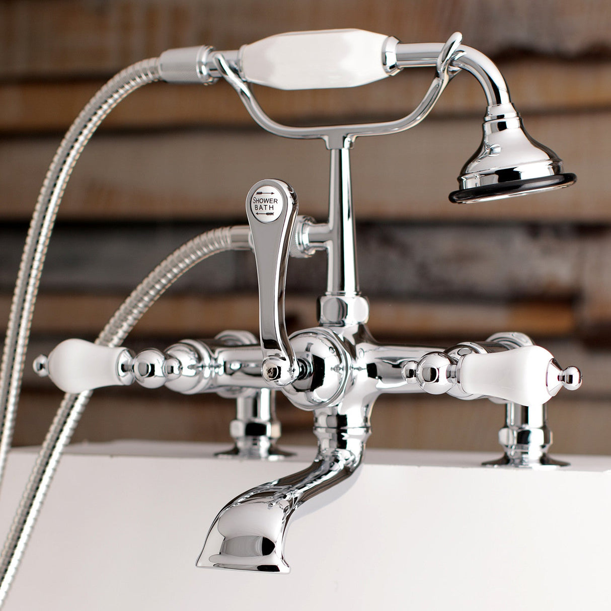 Aqua Vintage AE206T1 Three-Handle 2-Hole Deck Mount Clawfoot Tub Faucet with Hand Shower, Polished Chrome