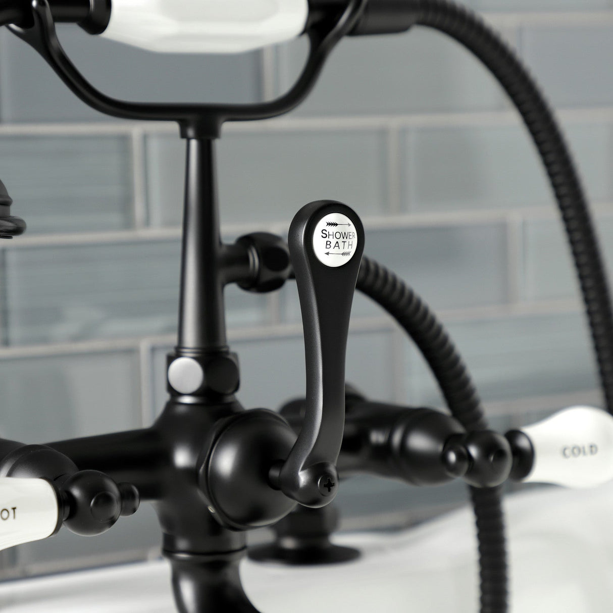 Aqua Vintage AE207T0 Three-Handle 2-Hole Deck Mount Clawfoot Tub Faucet with Hand Shower, Matte Black