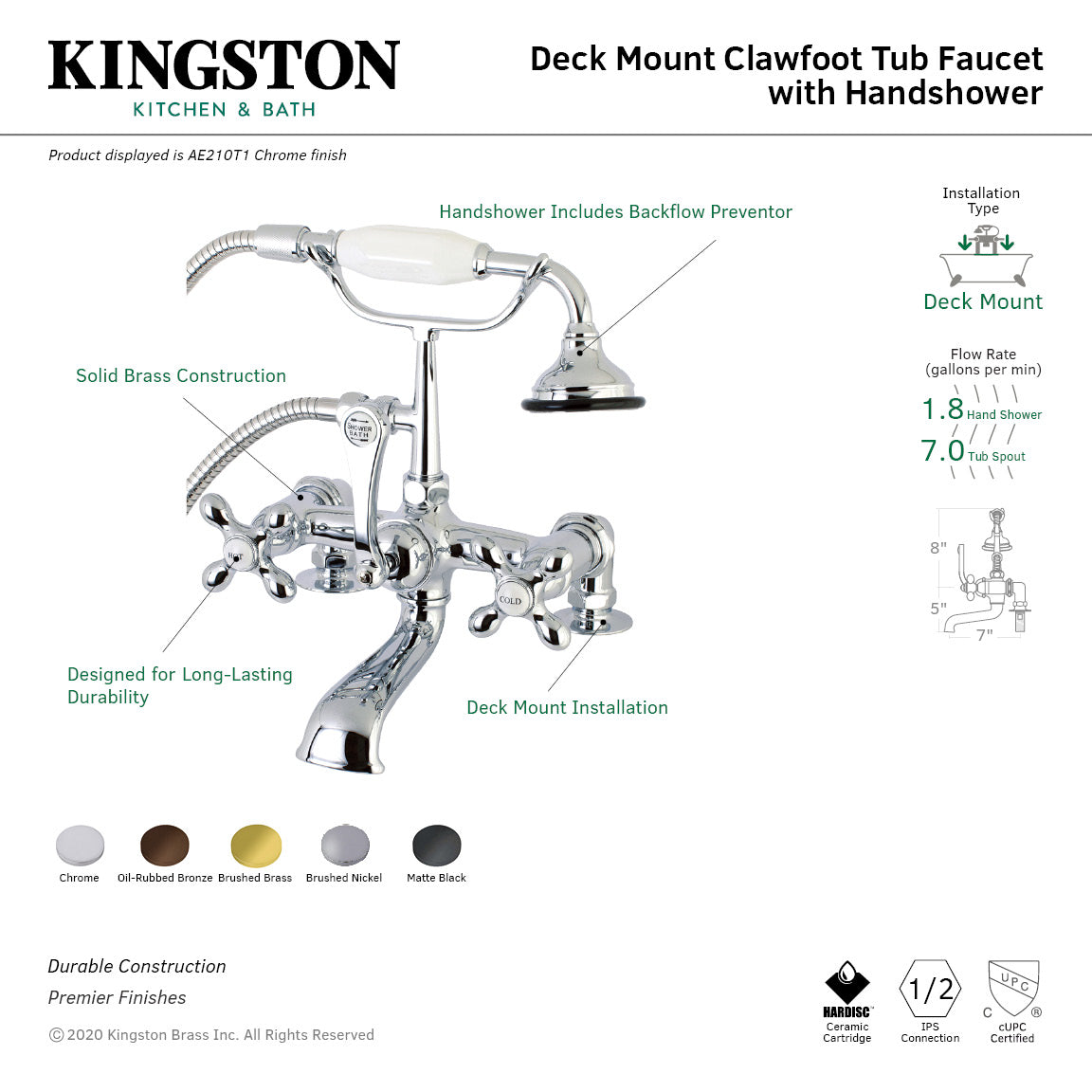 Aqua Vintage AE209T0 Three-Handle 2-Hole Deck Mount Clawfoot Tub Faucet with Hand Shower, Matte Black