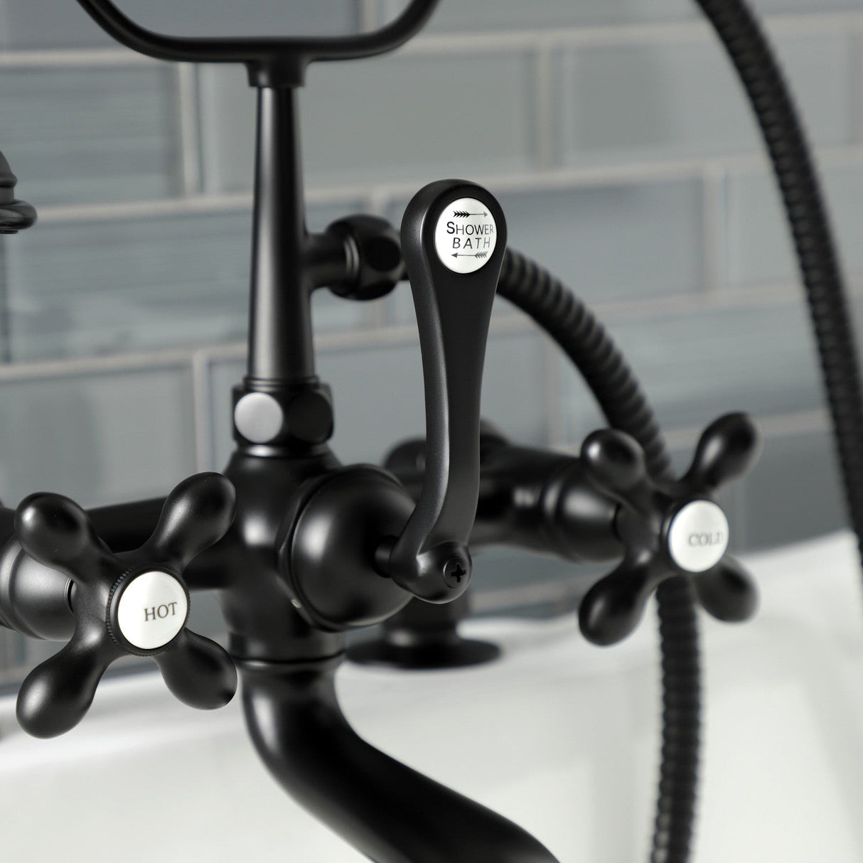 Aqua Vintage AE209T0 Three-Handle 2-Hole Deck Mount Clawfoot Tub Faucet with Hand Shower, Matte Black