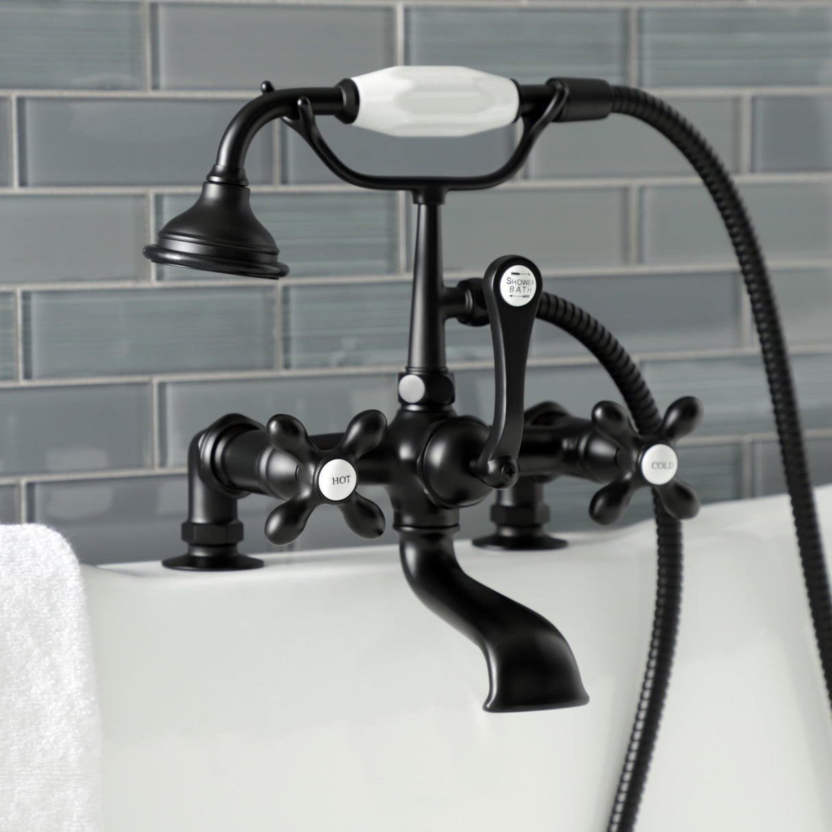 Aqua Vintage AE209T0 Three-Handle 2-Hole Deck Mount Clawfoot Tub Faucet with Hand Shower, Matte Black