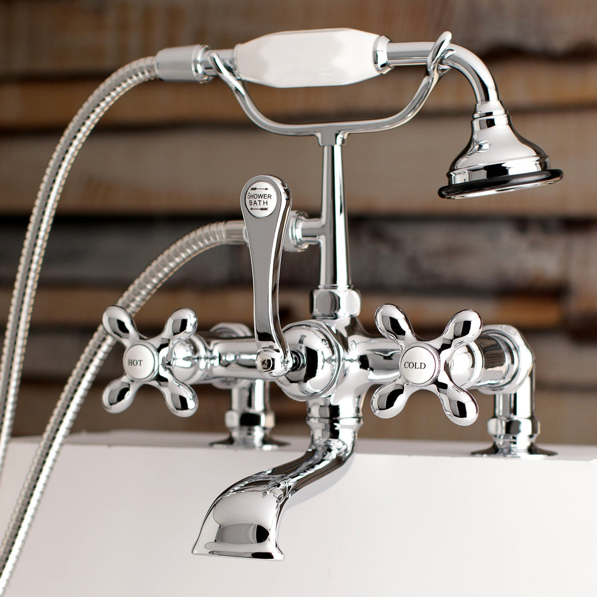 Aqua Vintage AE210T1 Three-Handle 2-Hole Deck Mount Clawfoot Tub Faucet with Hand Shower, Polished Chrome