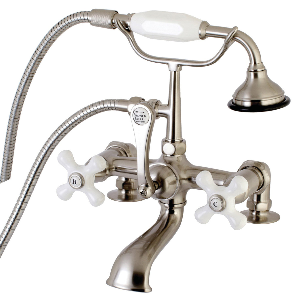 Aqua Vintage AE211T8 Three-Handle 2-Hole Deck Mount Clawfoot Tub Faucet with Hand Shower, Brushed Nickel