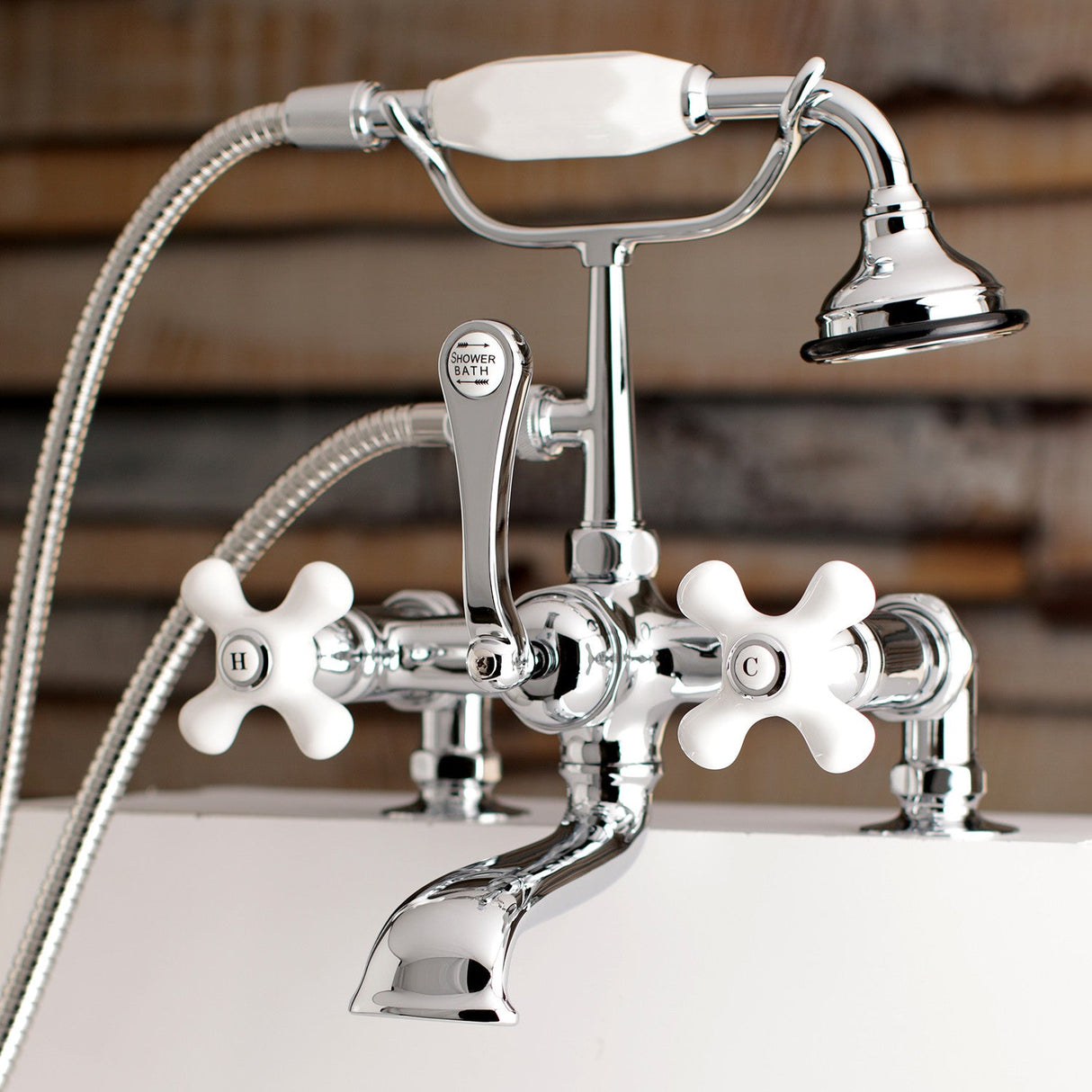 Aqua Vintage AE212T1 Three-Handle 2-Hole Deck Mount Clawfoot Tub Faucet with Hand Shower, Polished Chrome
