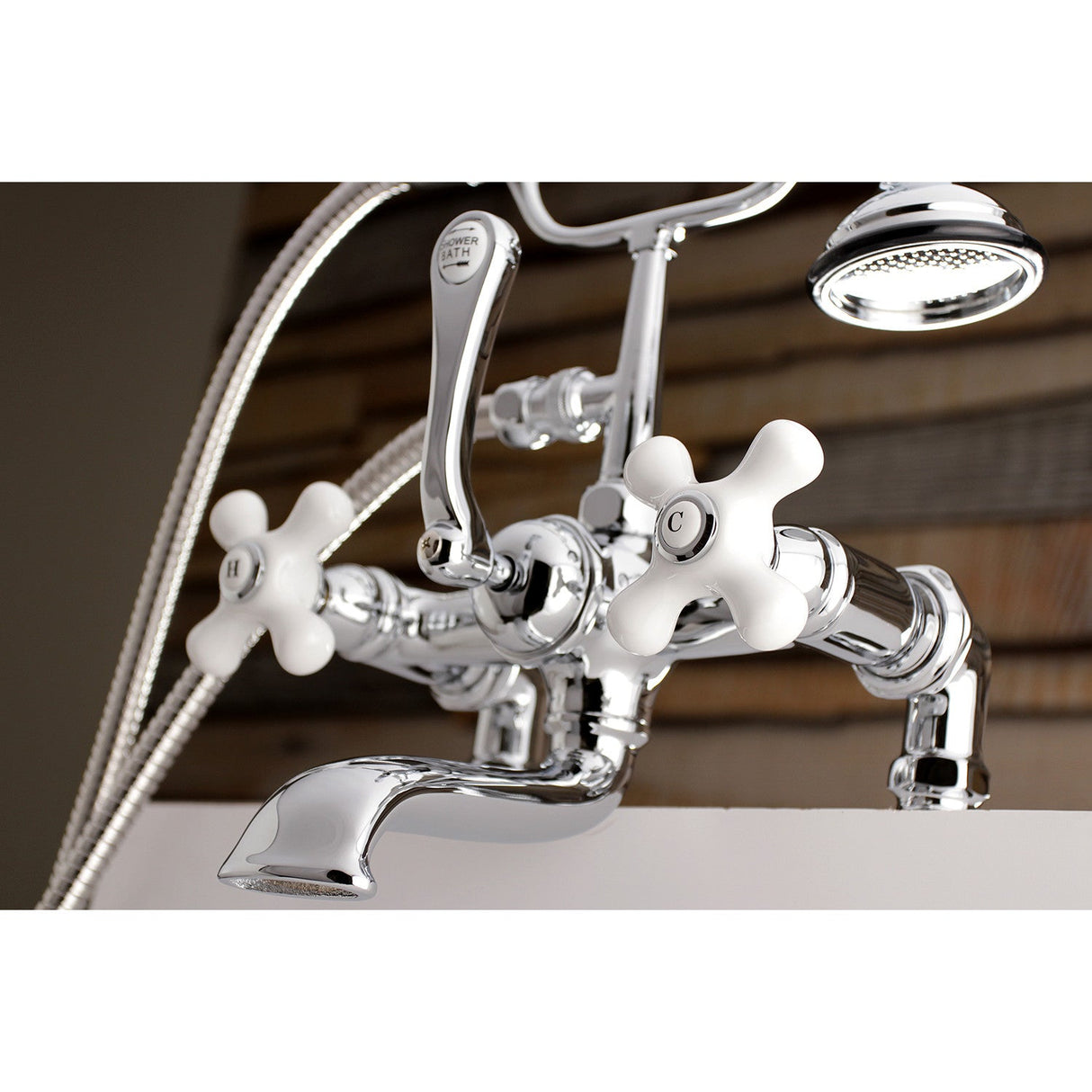 Aqua Vintage AE212T1 Three-Handle 2-Hole Deck Mount Clawfoot Tub Faucet with Hand Shower, Polished Chrome