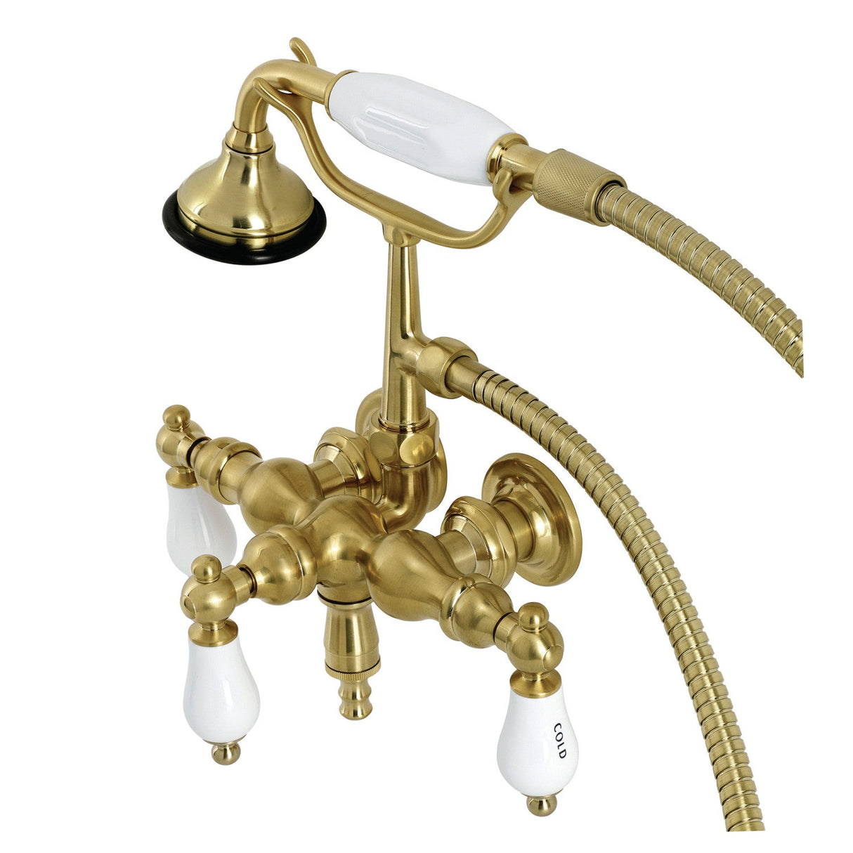 Aqua Vintage AE21T7 Three-Handle 2-Hole Tub Wall Mount Clawfoot Tub Faucet with Hand Shower, Brushed Brass