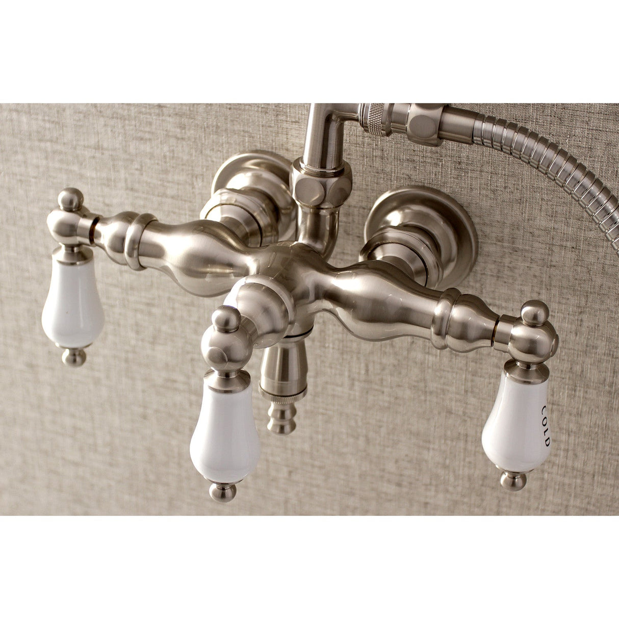 Aqua Vintage AE21T8 Three-Handle 2-Hole Tub Wall Mount Clawfoot Tub Faucet with Hand Shower, Brushed Nickel