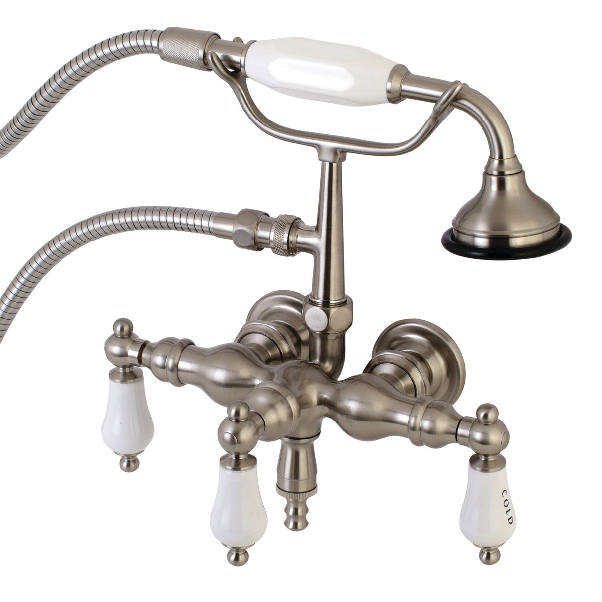 Aqua Vintage AE21T8 Three-Handle 2-Hole Tub Wall Mount Clawfoot Tub Faucet with Hand Shower, Brushed Nickel