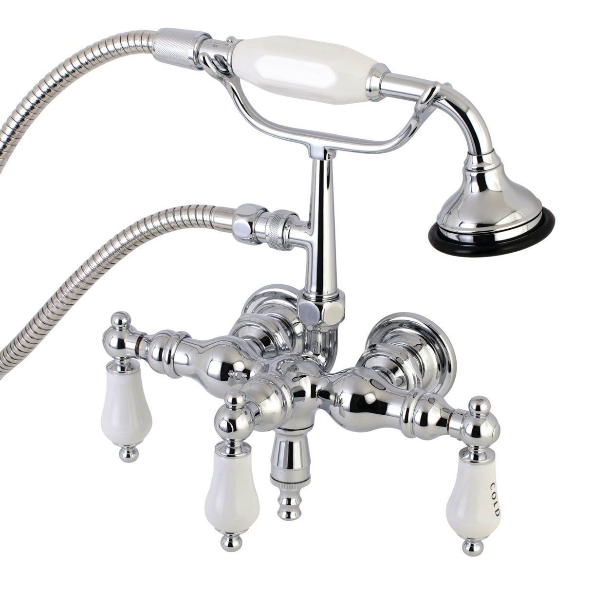 Aqua Vintage AE22T1 Three-Handle 2-Hole Tub Wall Mount Clawfoot Tub Faucet with Hand Shower, Polished Chrome