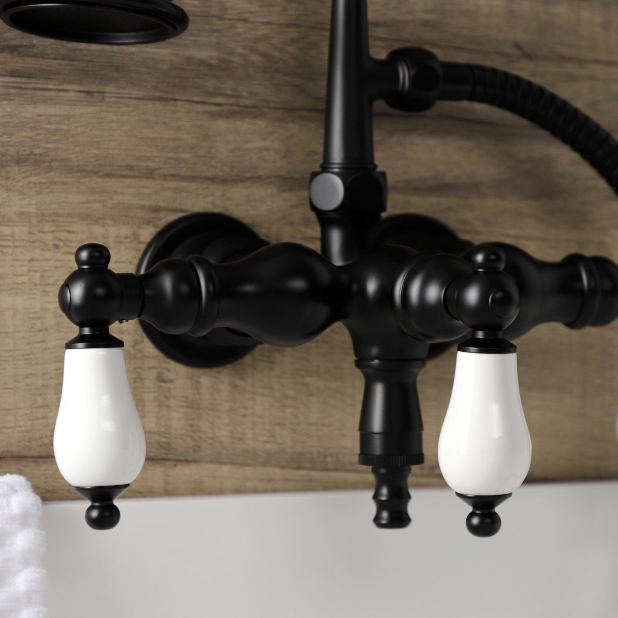 Aqua Vintage AE23T0 Three-Handle 2-Hole Tub Wall Mount Clawfoot Tub Faucet with Hand Shower, Matte Black