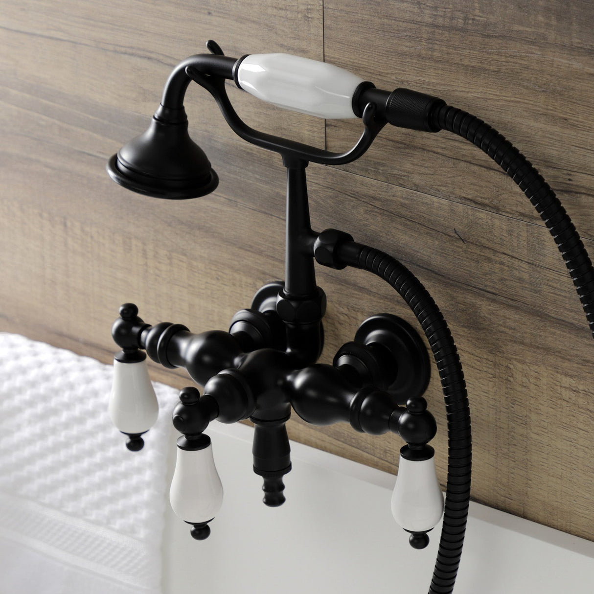 Aqua Vintage AE23T0 Three-Handle 2-Hole Tub Wall Mount Clawfoot Tub Faucet with Hand Shower, Matte Black