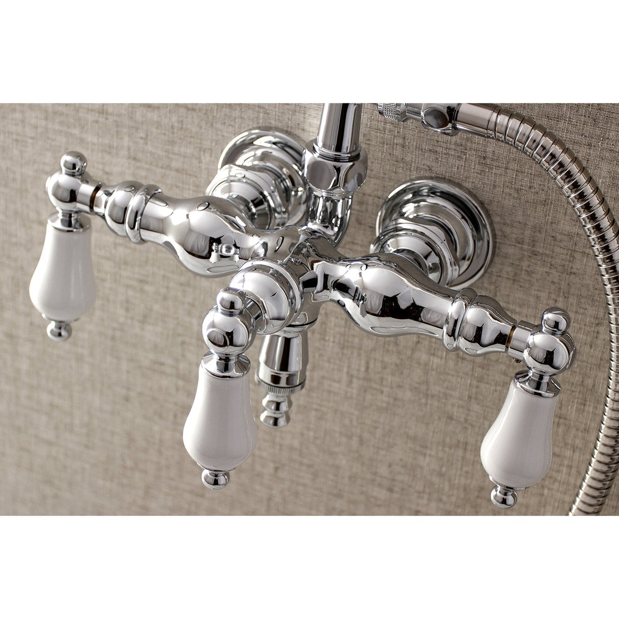 Aqua Vintage AE24T1 Three-Handle 2-Hole Tub Wall Mount Clawfoot Tub Faucet with Hand Shower, Polished Chrome