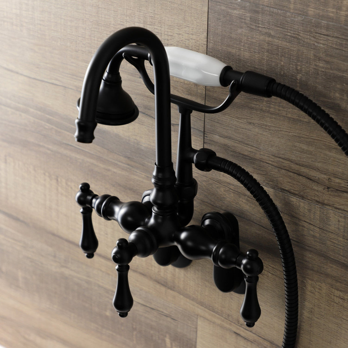 Aqua Vintage AE301T0 Three-Handle 2-Hole Tub Wall Mount Clawfoot Tub Faucet with Hand Shower, Matte Black