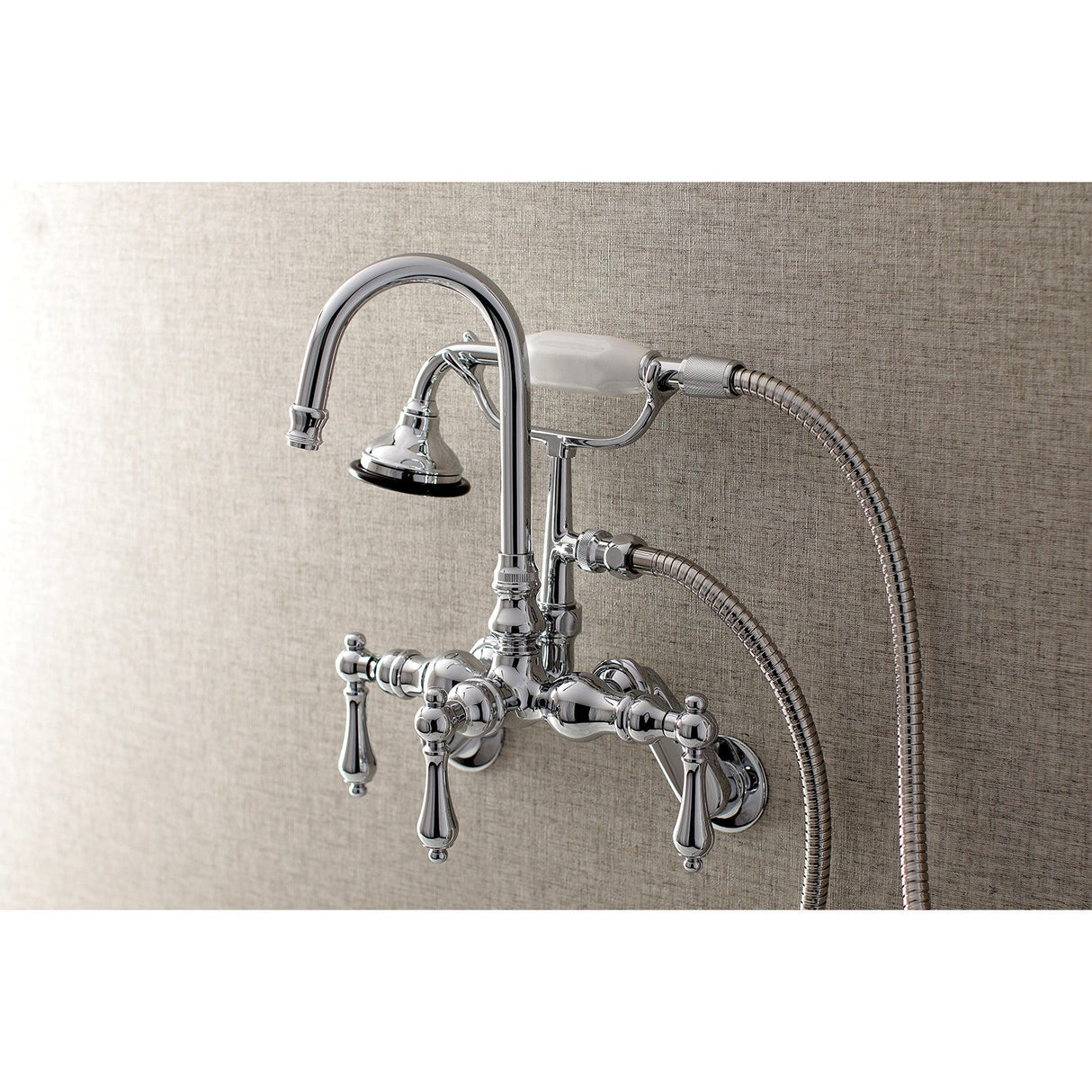 Aqua Vintage AE302T1 Three-Handle 2-Hole Tub Wall Mount Clawfoot Tub Faucet with Hand Shower, Polished Chrome
