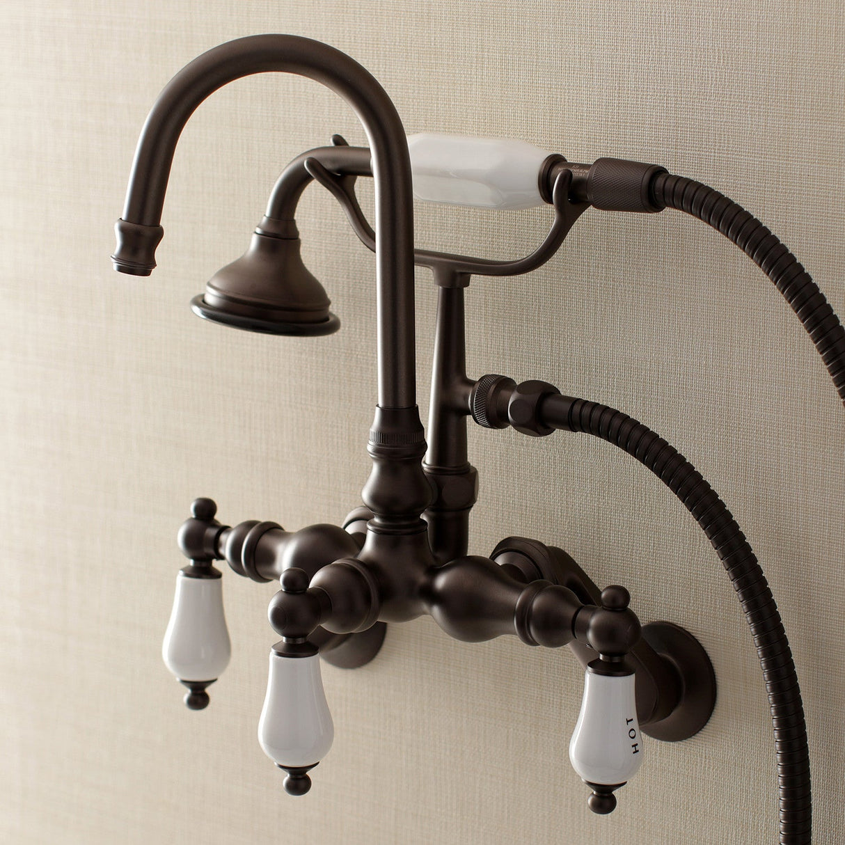 Aqua Vintage AE303T5 Three-Handle 2-Hole Tub Wall Mount Clawfoot Tub Faucet with Hand Shower, Oil Rubbed Bronze