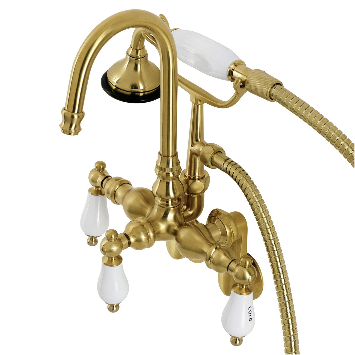 Aqua Vintage AE303T7 Three-Handle 2-Hole Tub Wall Mount Clawfoot Tub Faucet with Hand Shower, Brushed Brass