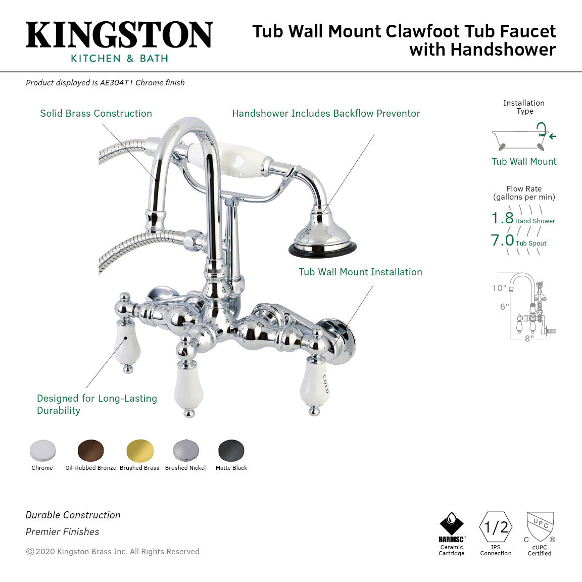 Aqua Vintage AE303T8 Three-Handle 2-Hole Tub Wall Mount Clawfoot Tub Faucet with Hand Shower, Brushed Nickel