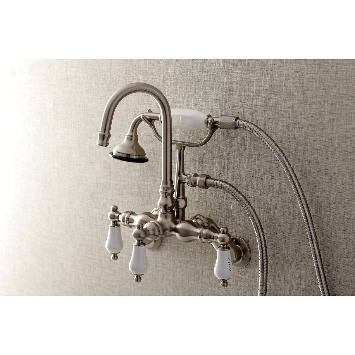 Aqua Vintage AE303T8 Three-Handle 2-Hole Tub Wall Mount Clawfoot Tub Faucet with Hand Shower, Brushed Nickel
