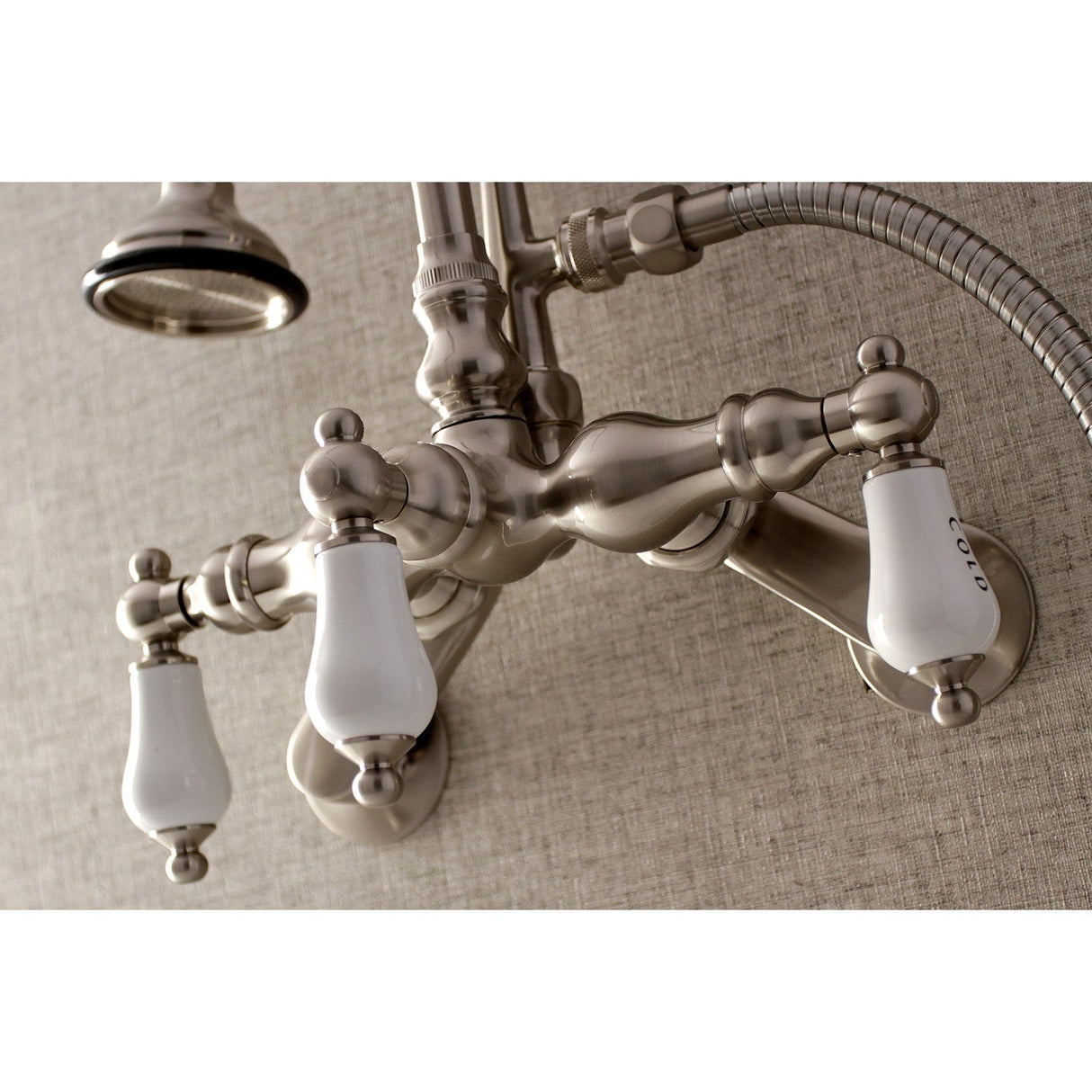 Aqua Vintage AE303T8 Three-Handle 2-Hole Tub Wall Mount Clawfoot Tub Faucet with Hand Shower, Brushed Nickel