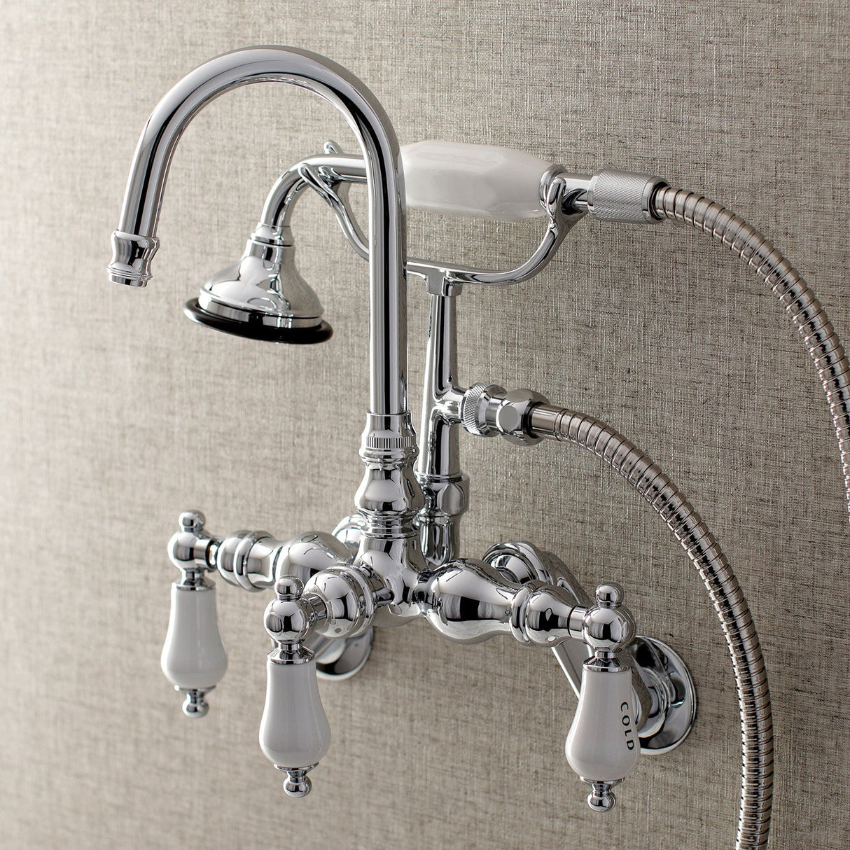 Aqua Vintage AE304T1 Three-Handle 2-Hole Tub Wall Mount Clawfoot Tub Faucet with Hand Shower, Polished Chrome