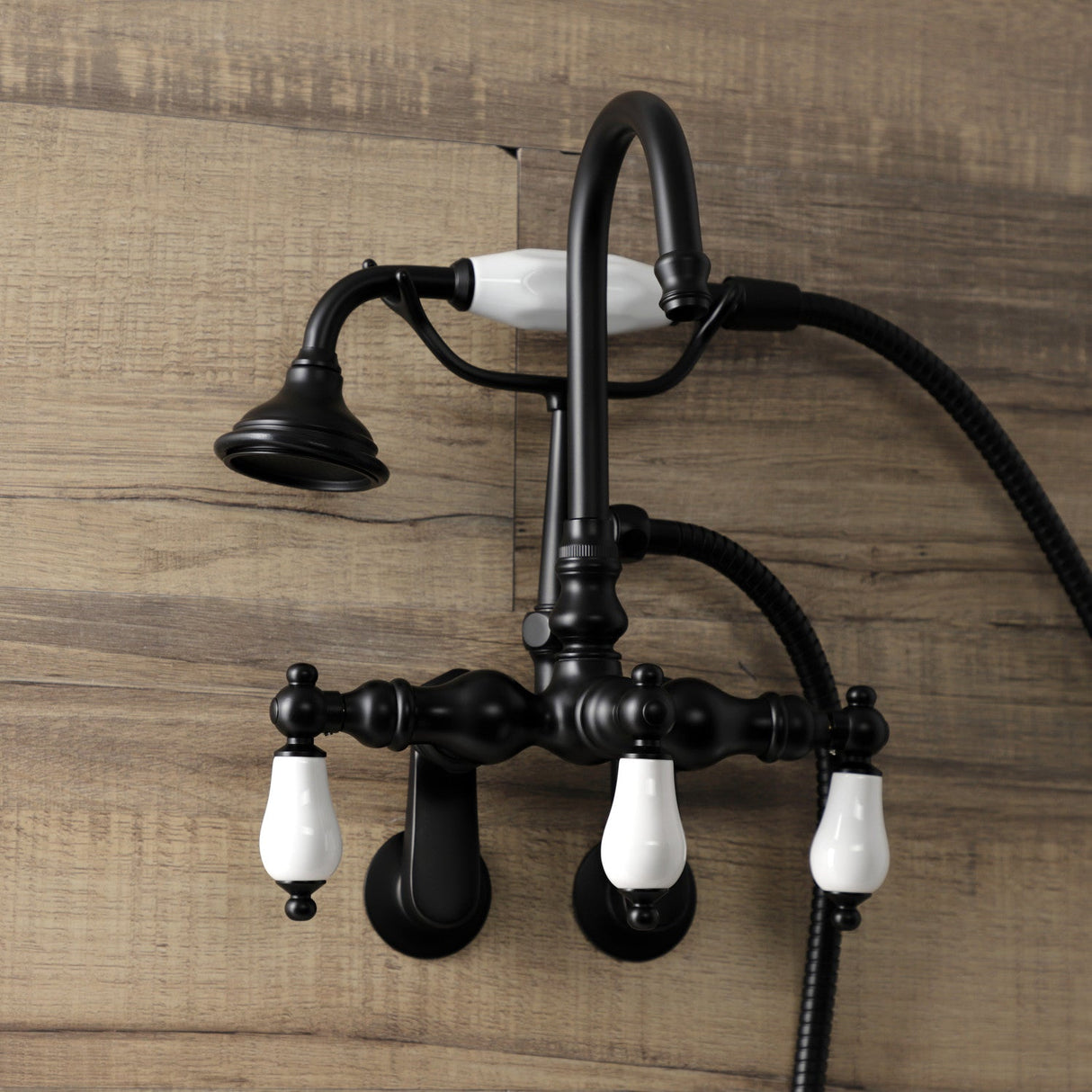 Aqua Vintage AE305T0 Three-Handle 2-Hole Tub Wall Mount Clawfoot Tub Faucet with Hand Shower, Matte Black