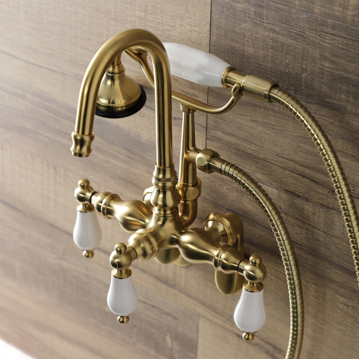 Aqua Vintage AE305T7 Three-Handle 2-Hole Tub Wall Mount Clawfoot Tub Faucet with Hand Shower, Brushed Brass