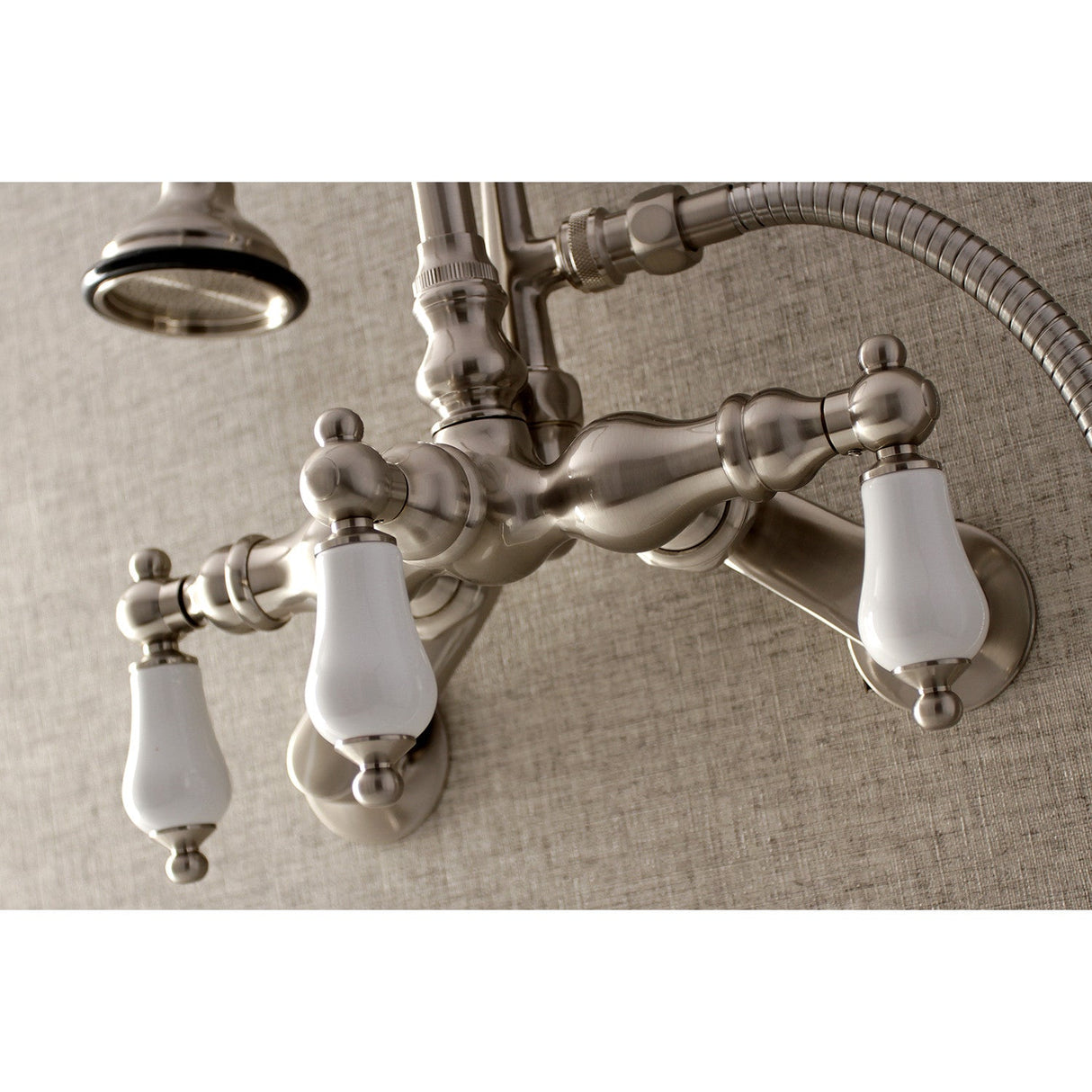 Aqua Vintage AE305T8 Three-Handle 2-Hole Tub Wall Mount Clawfoot Tub Faucet with Hand Shower, Brushed Nickel