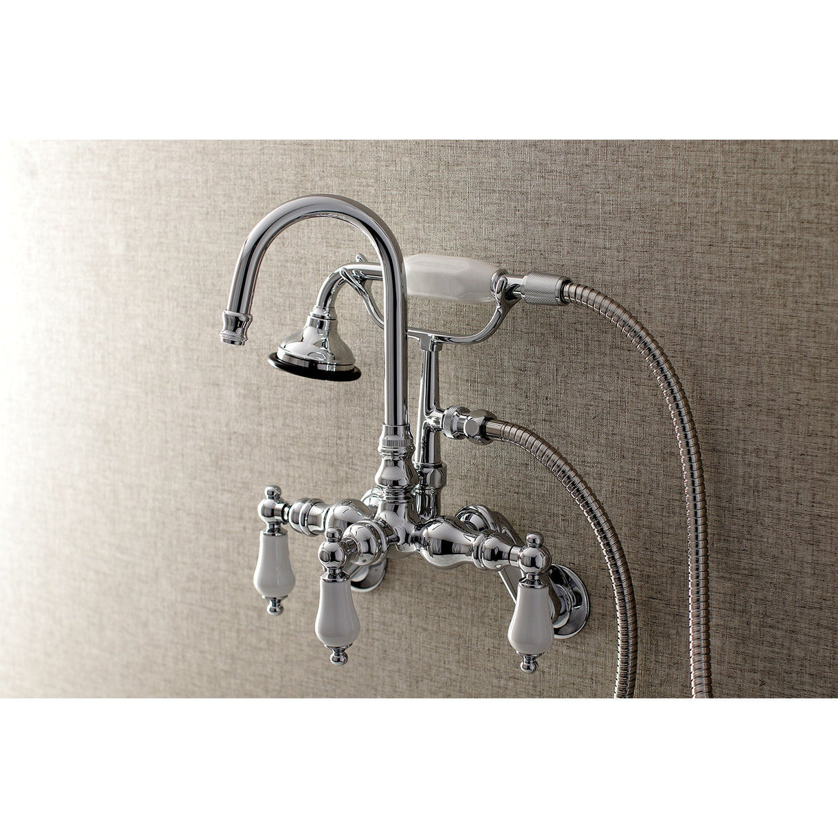 Aqua Vintage AE306T1 Three-Handle 2-Hole Tub Wall Mount Clawfoot Tub Faucet with Hand Shower, Polished Chrome
