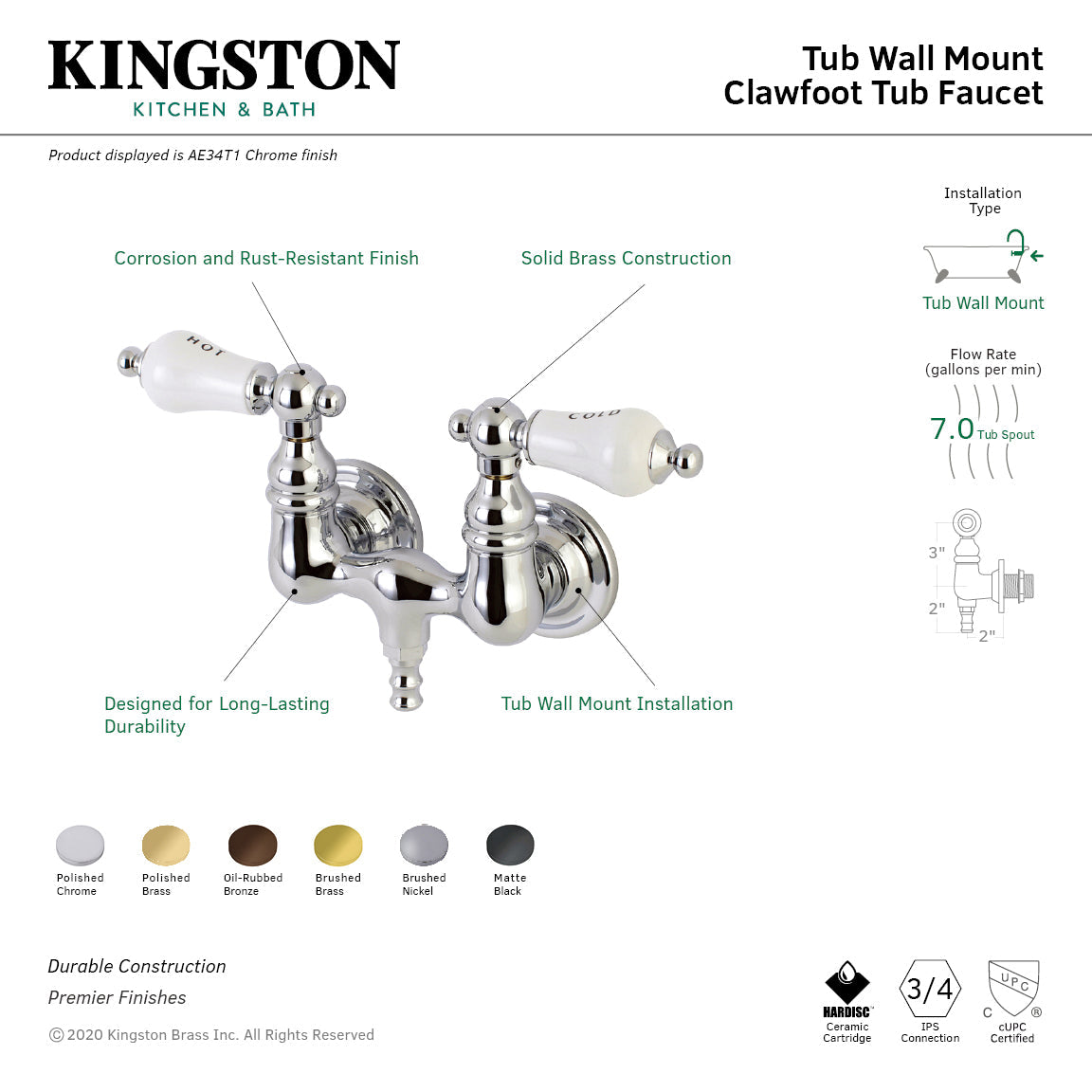 Aqua Vintage AE33T5 Two-Handle 2-Hole Tub Wall Mount Clawfoot Tub Faucet, Oil Rubbed Bronze