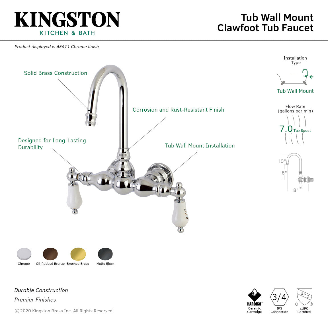 Aqua Vintage AE3T5 Two-Handle 2-Hole Tub Wall Mount Clawfoot Tub Faucet, Oil Rubbed Bronze
