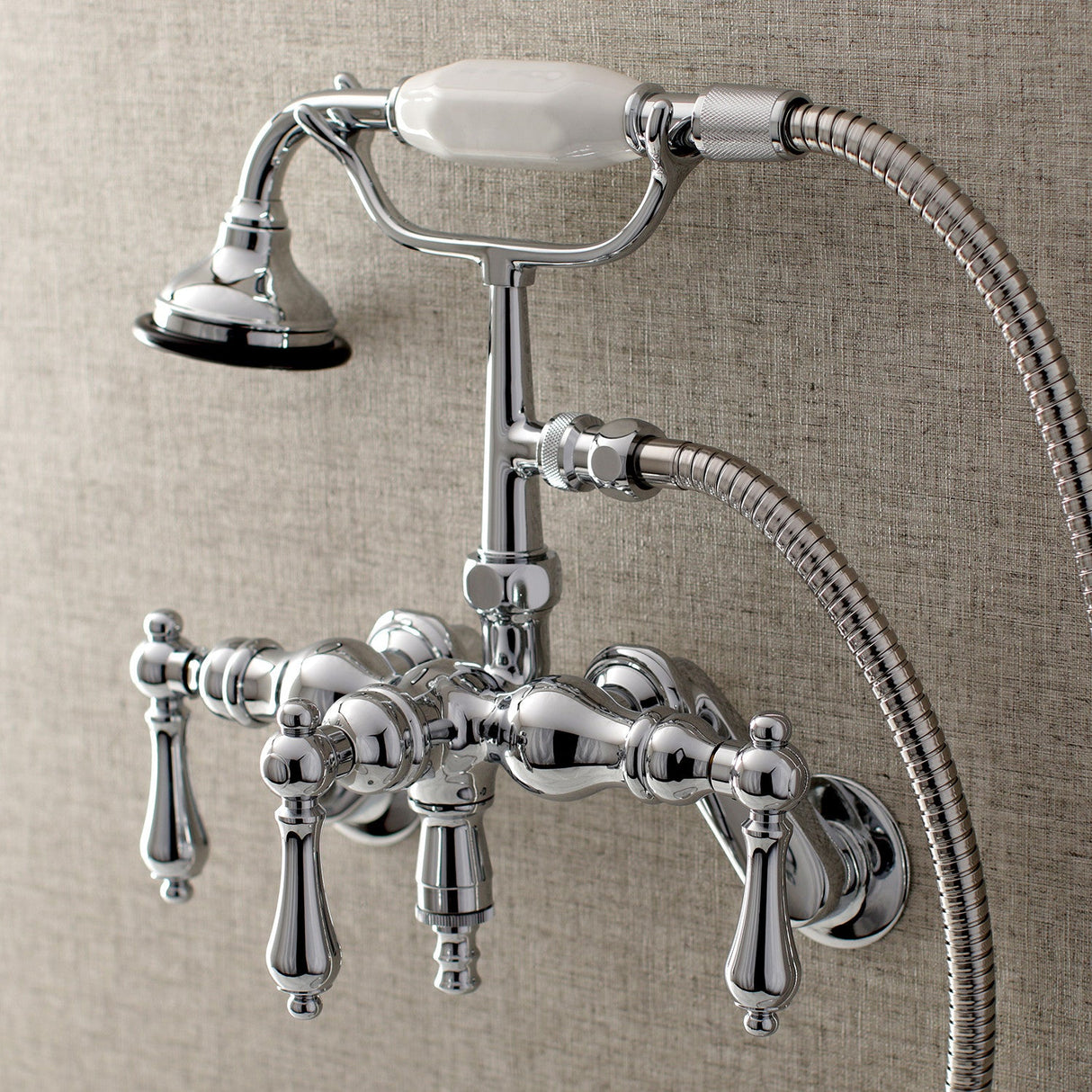 Vintage AE420T1 Three-Handle 2-Hole Tub Wall Mount Clawfoot Tub Faucet with Hand Shower, Polished Chrome