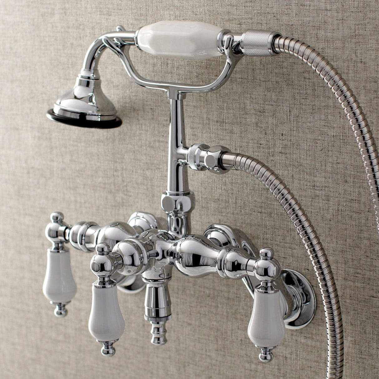 Vintage AE422T1 Three-Handle 2-Hole Tub Wall Mount Clawfoot Tub Faucet with Hand Shower, Polished Chrome