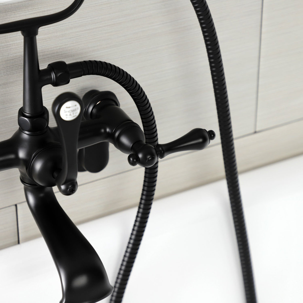 Aqua Vintage AE51T0 Three-Handle 2-Hole Tub Wall Mount Clawfoot Tub Faucet with Hand Shower, Matte Black