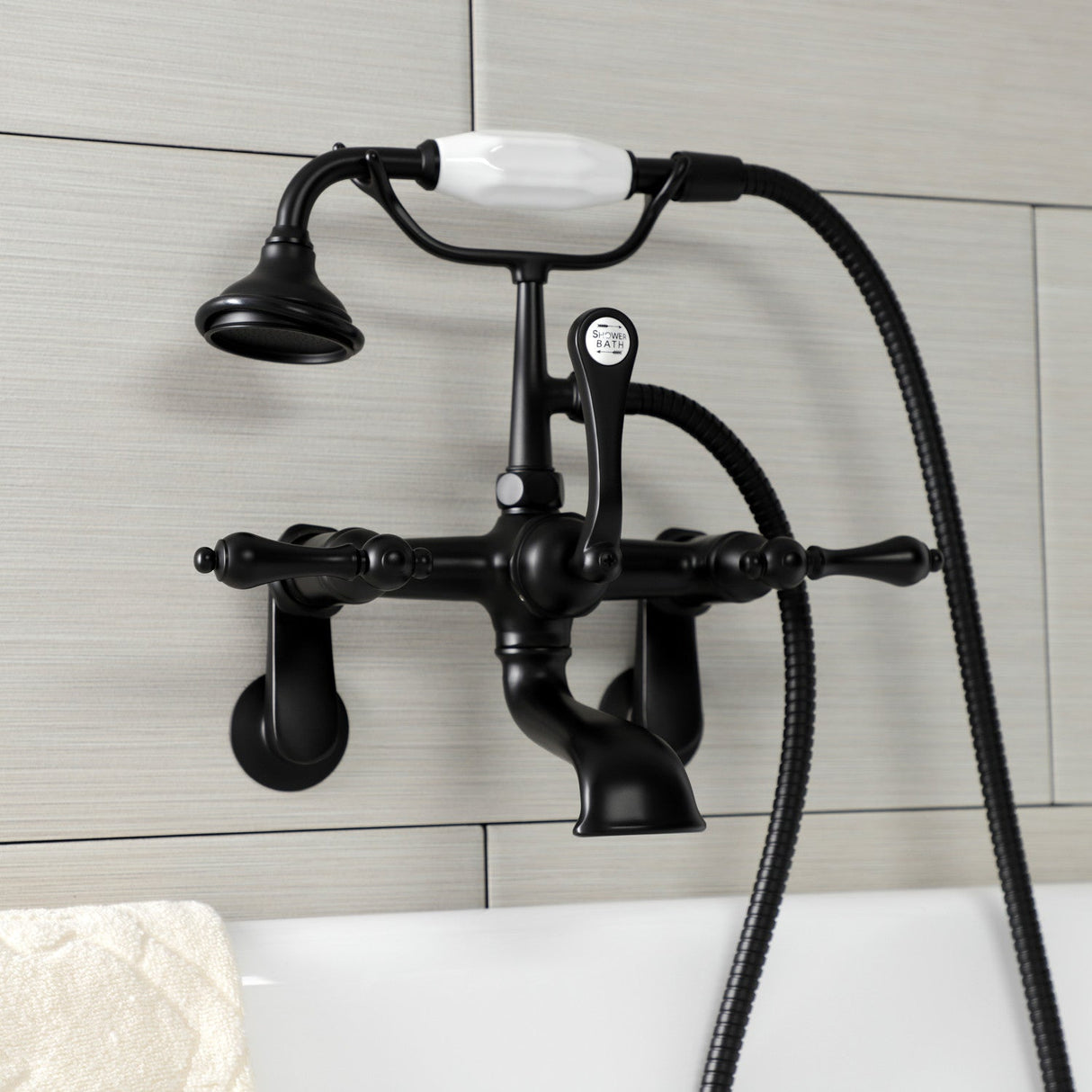 Aqua Vintage AE51T0 Three-Handle 2-Hole Tub Wall Mount Clawfoot Tub Faucet with Hand Shower, Matte Black