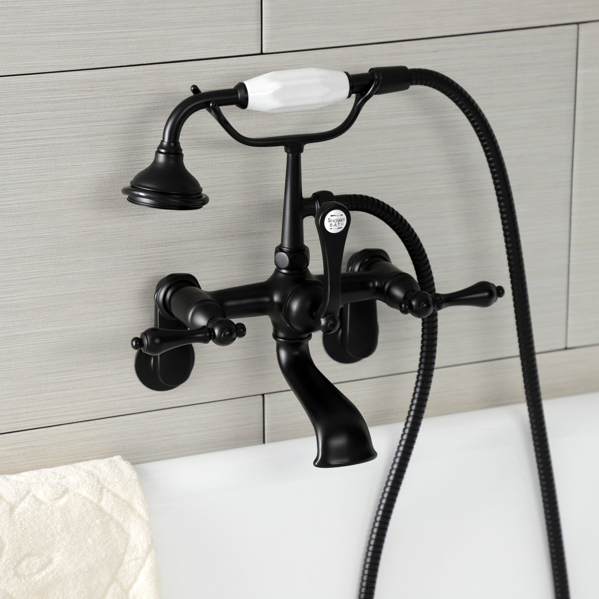 Aqua Vintage AE51T0 Three-Handle 2-Hole Tub Wall Mount Clawfoot Tub Faucet with Hand Shower, Matte Black