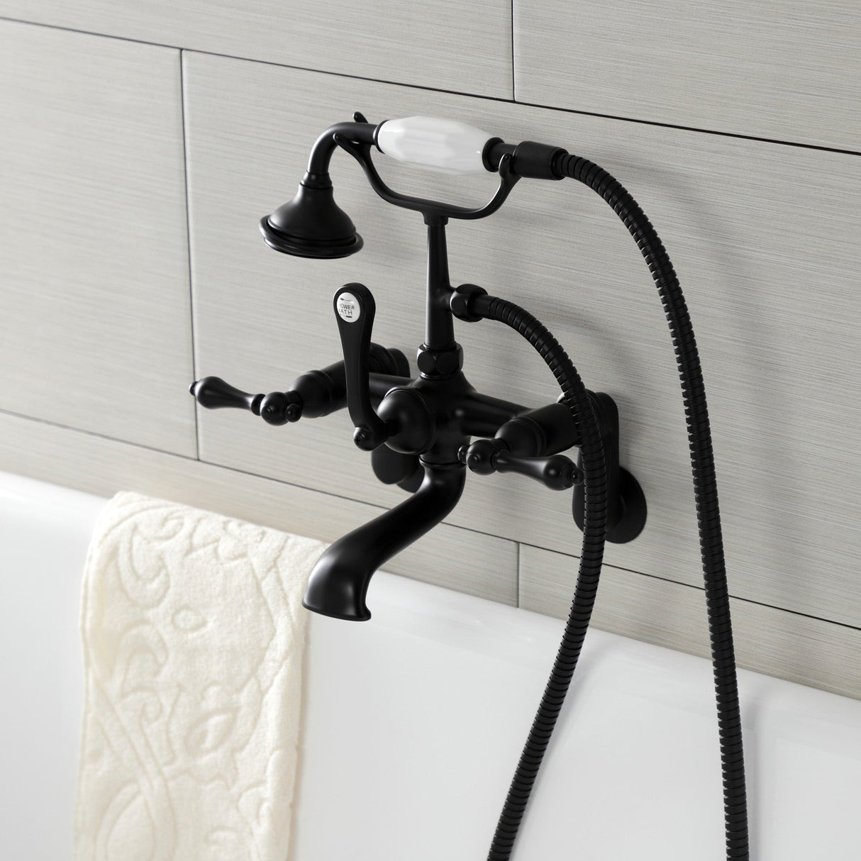 Aqua Vintage AE51T0 Three-Handle 2-Hole Tub Wall Mount Clawfoot Tub Faucet with Hand Shower, Matte Black